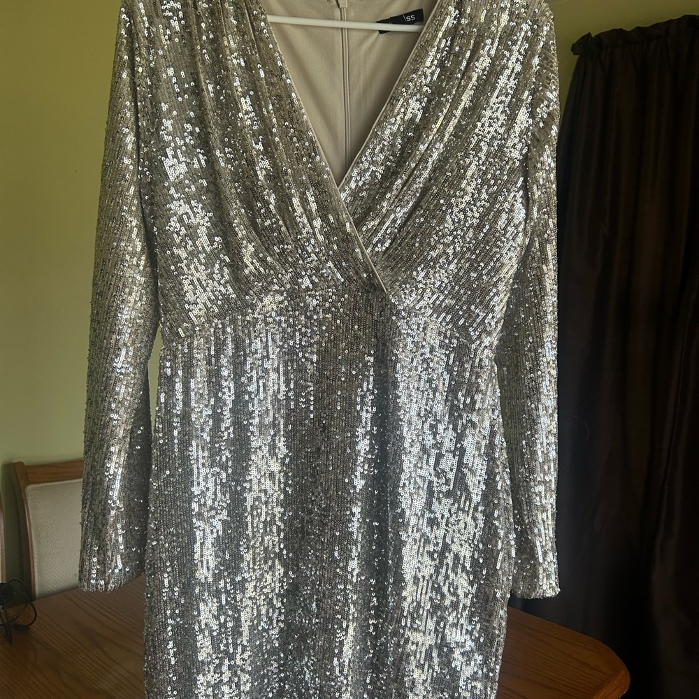Express Silver Long Sleeve Sequin Dress